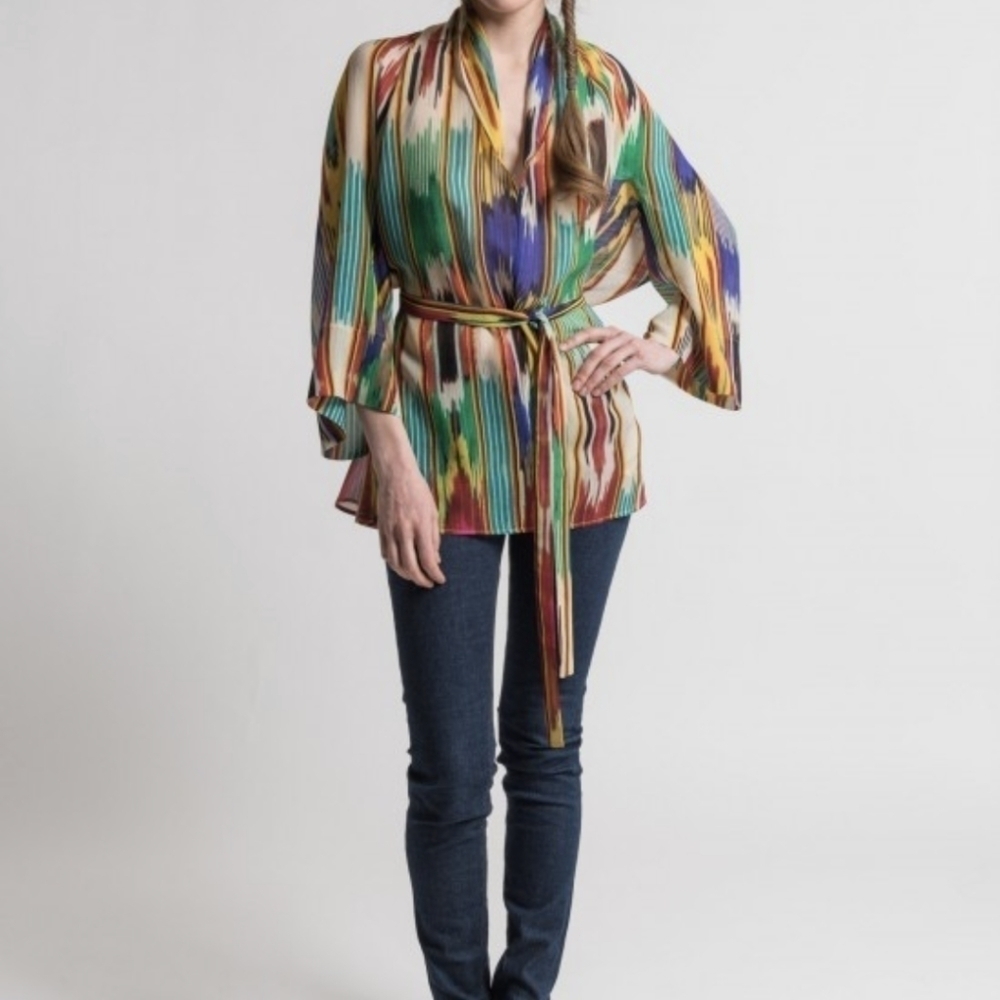 Etro Silk Ikat Belted Pullover Blouse Semi sheer 38